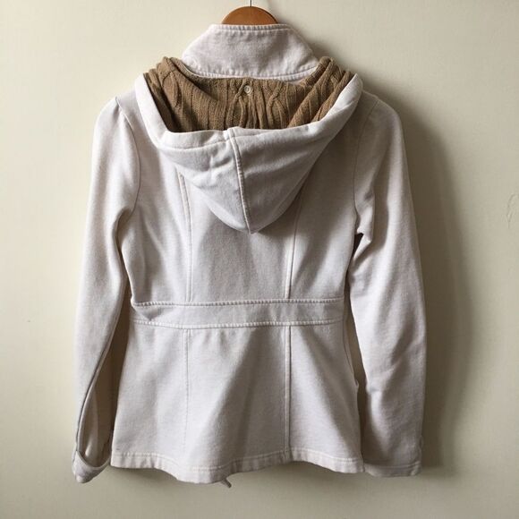 Women's GUESS Jacket Small Tan Beige Hooded Coat Fall Preppy Minimal 2013 Unique - Picture 1 of 7